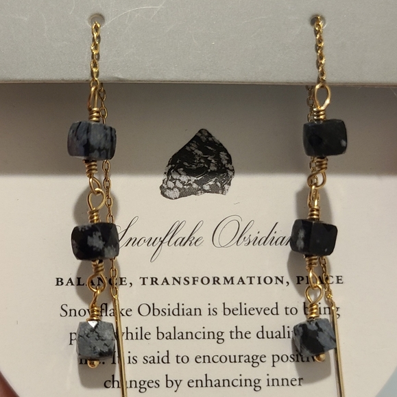 LUNA NORTE 14K GOLD PLATED ON BRASS CHANDELIER SNOWFLAKE OBSIDIAN GEMSTONE - Picture 9 of 12